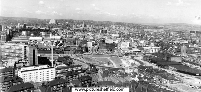 Elevated view from Hyde Park Flats looking towards Park Hill Flats (left); Park Square roundabout; Sheaf Market and Canal Basin (right)