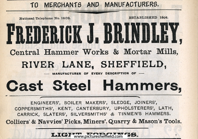 Frederick J. Brindley, cast steel hammers, Central Hammer Works and Mortar Mills, River Lane