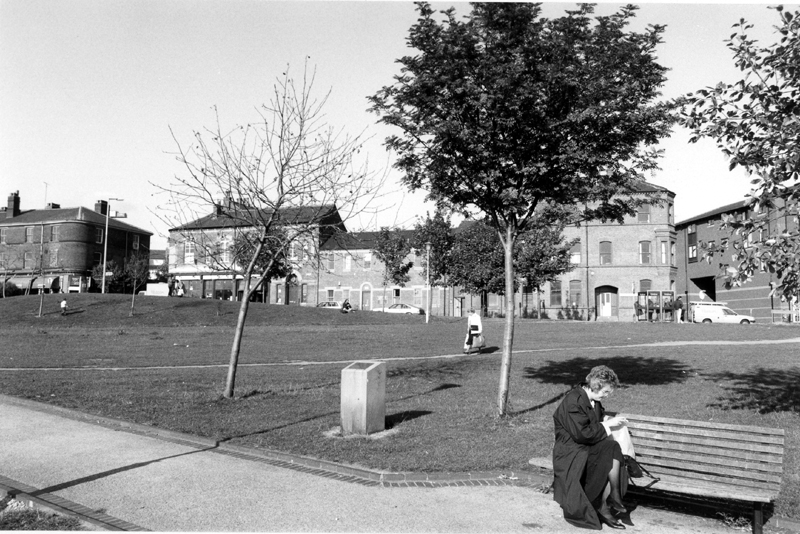 Devonshire Green showing the memorial to citizens of Sheffield who died on the night of the 12th; 13th and 15th December 1940 