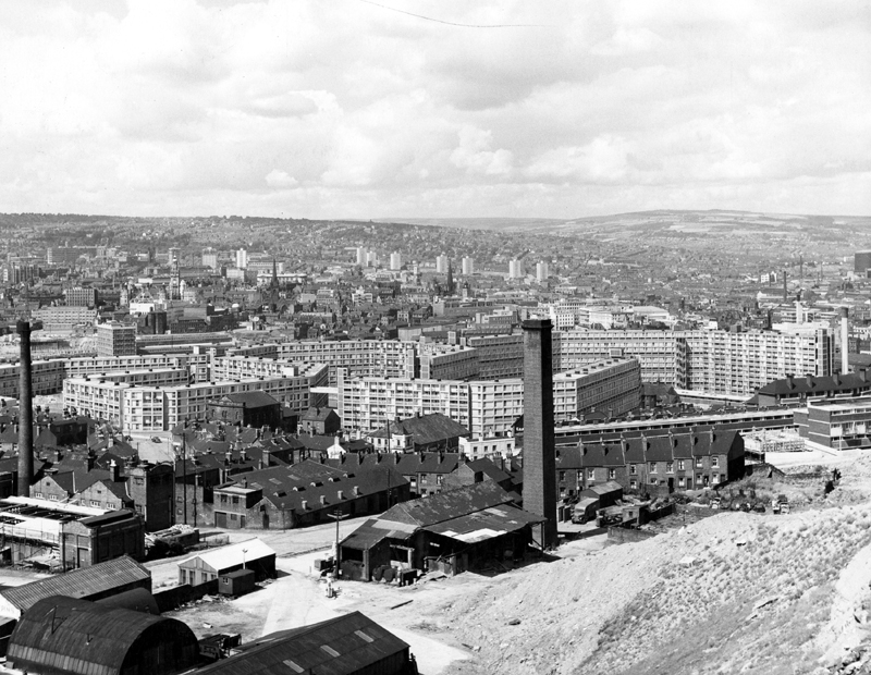 View from Skye Edge across Park Brick Works and Blagden Street (left foreground) rear of Hampton Street (foreground) Park Library and Corporation Baths (extreme left) and Park Hill Flats  looking towards the City Centre 