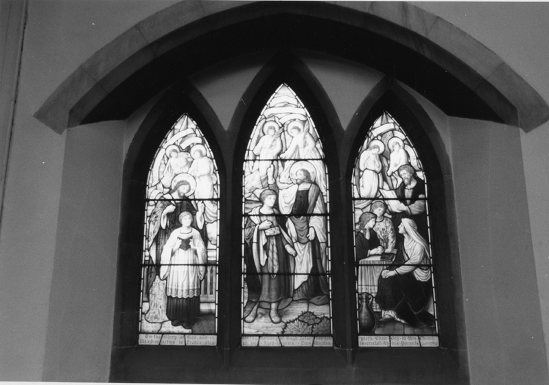 Stained glass window on the south wall in memory of Hugh Kelsey nine years a choir boy, killed in action in France aged 19, May 3rd 1917, St. Cuthbert's C. of E. Church, Barnsley Road, Firvale