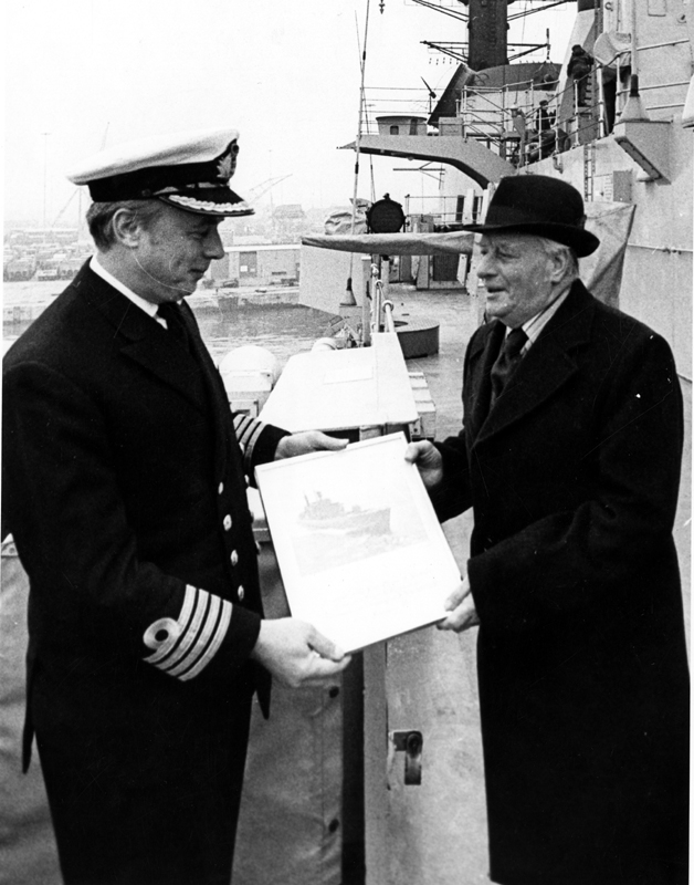 Lord Mayor Albert Richardson and Captain Michael Prest of the new Type 42 Class Destroyer HMS Sheffield docked at Hull