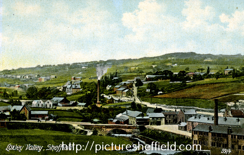General view of Loxley Valley. Stannington Road, Malin Bridge and Malin Bridge Corn Mill, in foreground. Burgon and Ball, La Plata Works, right. Loxley Road in background