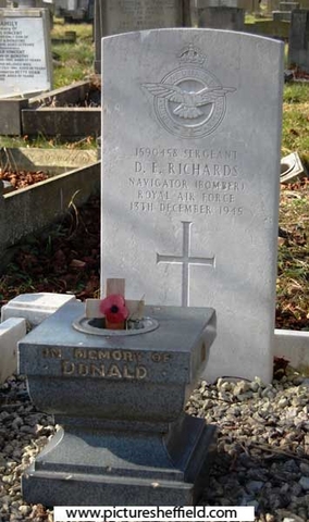 Memorial to (1590458) Sergeant Donald Ernest Richards, Navigator (Bomber), Royal Air Force, died 13 Dec 1945, Ecclesall Churchyard