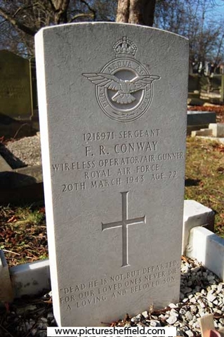 Memorial to Sergeant (1218971) Frank Ronald Conway, Wireless Operator / Air Gunner, Royal Air Force, died 20 Mar 1943, aged 22, Ecclesall Churchyard