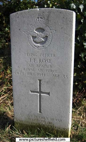 Memorial to John Frederick Rose, Air Bomber, Royal Air Force, 24 Jul 1944, aged 33,  Ecclesall Churchyard