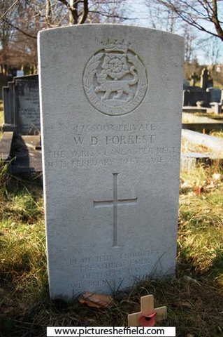 Memorial to Private William Donald Forrest, York and Lancaster Regiment, 11 Feb 1943, aged 28,  Ecclesall Churchyard