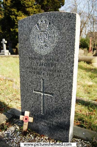 Memorial to Sapper (207807) Ernest Thorpe, Royal Engineers (247th Field Company), 11 Oct 1918, aged 22,  Ecclesall Churchyard