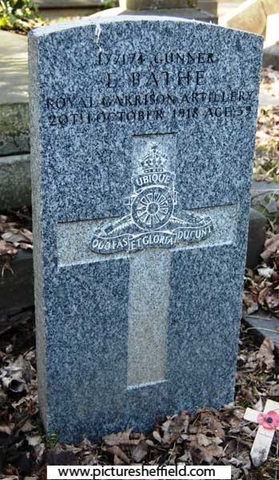 Memorial to Gunner (177174) Ernest Bathe, Royal Garrison Artillery, 20 Oct 1918, aged 39,  Ecclesall Churchyard