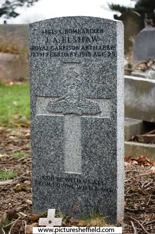 Memorial to Lance Bombadier (48815) J A Elshaw, Royal Garrison Artillery, 12 Feb 1919, aged 29,  Abbey Lane Cemetery