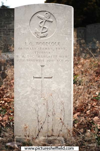 Memorial to J O Woodcock, Ordinary Seaman, Royal Navy Volunteer Reserve, TZ/11304, HM Tug 'Margaret Ham', 13 Nov 1918, aged 19,  Abbey Lane Cemetery