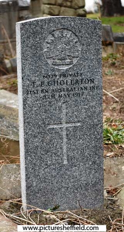 Memorial to Private (6039) T. E. Cholerton, 21st Battalion Australian Infantry, 8 May 1917,  Abbey Lane Cemetery