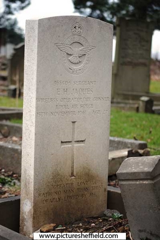 Memorial to Sergeant (988504) Ernest Henry Jaques, Wireless Operator / Air Gunner, Royal Air Force, 15 Nov 1941, aged 27, Abbey Lane Cemetery