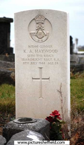Memorial to Gunner (1678441) Kenneth Arthur Haywood, 38 The King's Searchlight Regiment, R.A., 11 Jul 1944, aged 24, Abbey Lane Cemetery