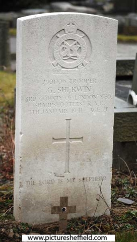 Memorial to Trooper (7901706) George Sherwin, 3rd County of London Yeomanry (Sharpshooters) RAC, 7 Jan 1941, aged 21, Abbey Lane Cemetery