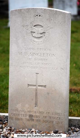 Memorial to Flying Officer Malcolm Dick Singleton, Air Bomber, Royal Air Force, 18 Nov 1944, aged 25, Abbey Lane Cemetery