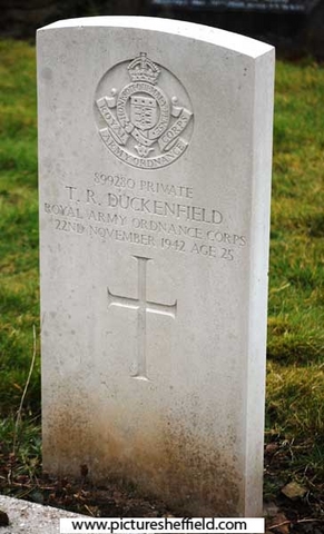 Memorial to Private (899280) Thomas Ronald Duckenfield, Royal Army Ordnance Corps, 22 Nov 1942, aged 25, Abbey Lane Cemetery