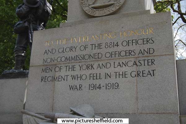 Inscription on York and Lancaster Memorial, Weston Park (World War One)