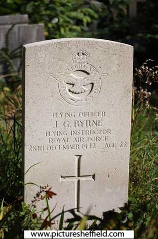 Christ Church churchyard, Fulwood, memorial to Flying Officer John Gordon Byrne, Flying Instructor, RAF, killed 28 Dec 1942, aged 22  