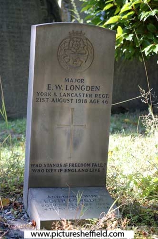 Christ Church churchyard, Fulwood, memorial to Major E. W. Longden, York and Lancaster regiment, killed 21 Aug 1918, aged 46
