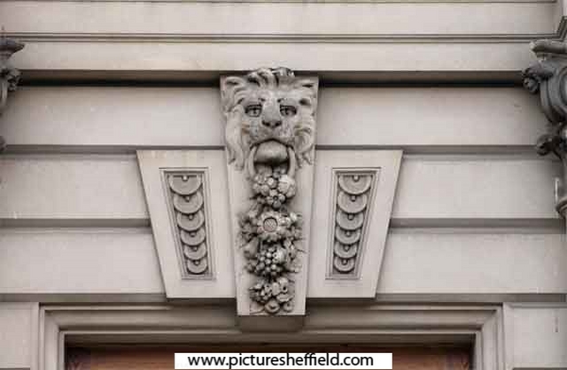 Carved lion's head on the former Sheffield Trustee Savings Bank, Norfolk Street.