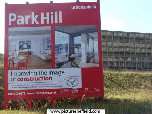 Advertising board for newly refurbished Park Hill Flats, Duke Street,Park