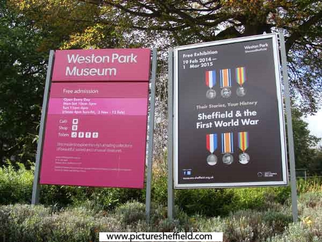 Advertising boards outside Weston Park Museum for their 'Sheffield and the First World War' exhibition 