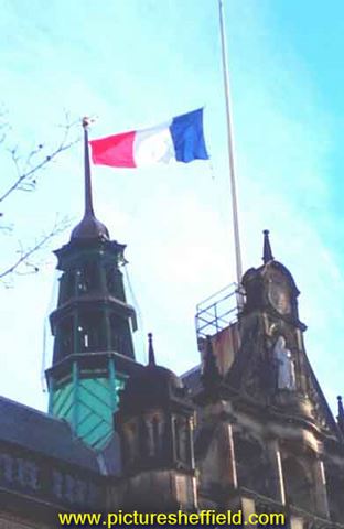 French tricolour flag flying at half-mast on Sheffield Town Hall following the terrorist attacks in Paris on 13 November in which over 130 people were killed