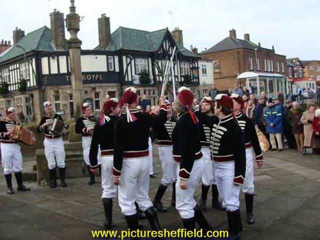 Handsworth Sword Dancers performing in Cross Street and Market Square, Woodhouse showing (back) the Royal public house, No. 10 Market Street