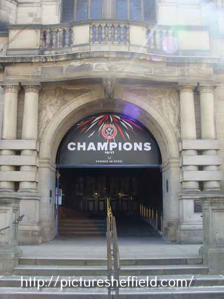 Banner on the Town Hall entrance on Pinstone Street depicting Sheffield United as Football League 1 champions