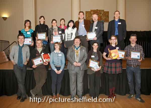 Authors and illustrators at the Sheffield Children's Book Award showing (centre front) Councillor Alan Law, Lord Mayor, 2010 -11