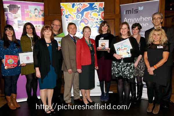 Authors at the Sheffield Children's Book Award, showing Lord Mayor, Councillor Vickie Priestley (6th left) and Lord Mayor's Consort, Mr. Priestley (5th left)  