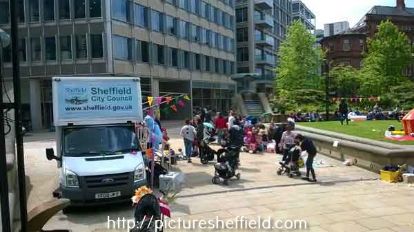 The Little Library van at the launch of Sheffield Libraries Bookstart initiative in the Peace Gardens