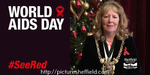 Lord Mayor of Sheffield, Councillor Anne Murphy, commemorates World Aids Day by wearing a red ribbon