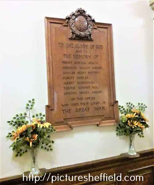 Memorial in Sheffield Town Hall to the Glory of God and to the memory of [men] of this office who gave their lives in the Great War