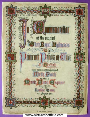Illuminated souvenir of the official opening of Firth Park