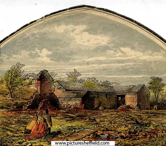 Coloured engraving of scene following the Sheffield Flood: Tricketts' Farm House, Malin Bridge