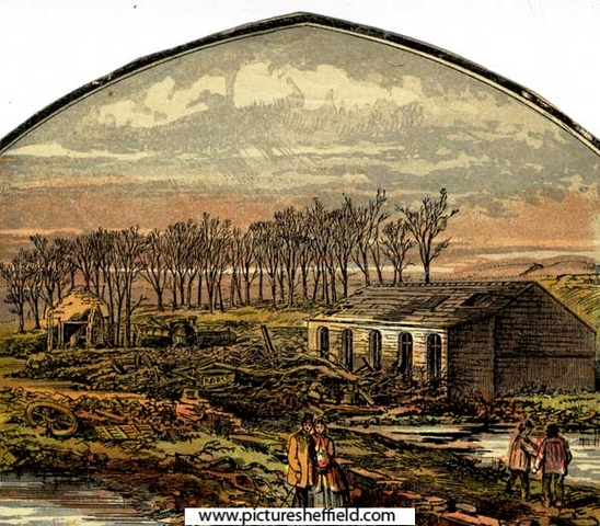 Coloured engraving of scene following the Sheffield Flood: Barker and Johnson's crinoline factory, Malin Bridge