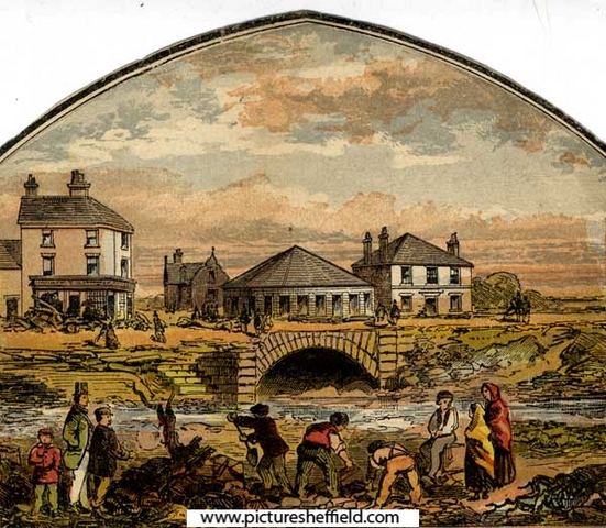 Coloured engraving of scene following the Sheffield Flood: remains of bridge, Hillsborough