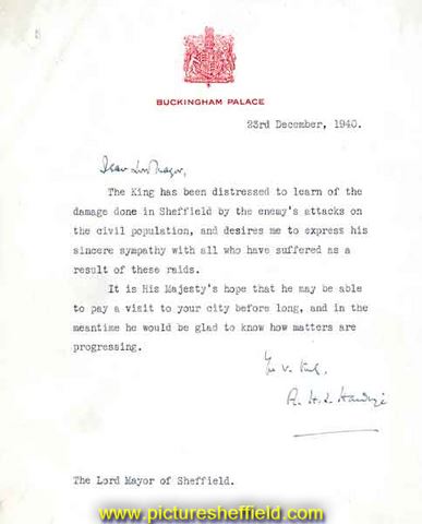Letter received by the Lord Mayor of Sheffield from Buckingham Palace following the air raids on Sheffield (Sheffield Blitz)