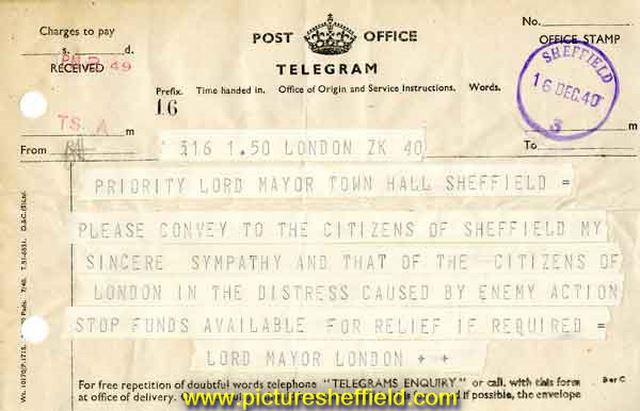 Telegram received by the Lord Mayor of Sheffield from the Lord Mayor of London following the air raids on Sheffield (Sheffield Blitz)