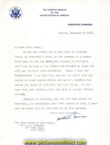 Letter received by the Lord Mayor of Sheffield from former American Consul at Sheffield, Walter Femis at the American Embassy [London] following the air raids on Sheffield (Sheffield Blitz)