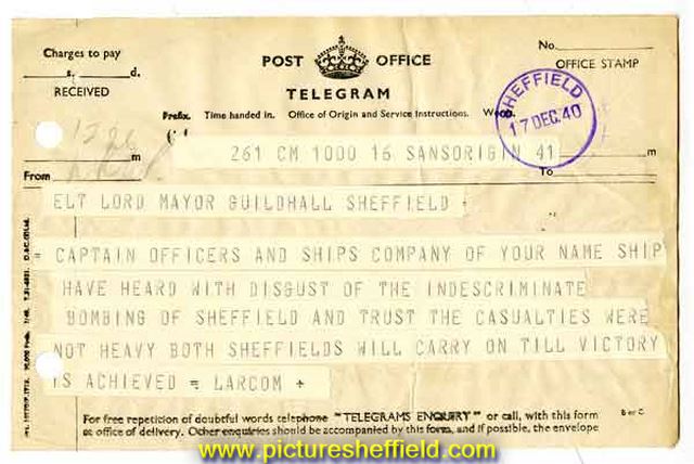 Telegram received by the Lord Mayor of Sheffield from HMS Sheffield following the air raids on Sheffield (Sheffield Blitz)