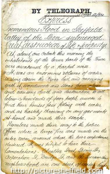 Journalist's telegram regarding the Great Sheffield Flood (page 1 of 3)