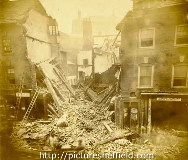 Demolition in Fargate, Sheffield, as part of street widening programme, c. 1880