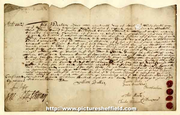 Apprentice indenture of Susanna Bower of Sheffield, a poor child, aged 9, as a servant to William Bullas of Sheffield, joiner, until the age of 21