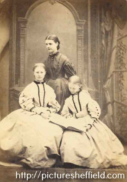 'Agnes, Sibie(?) and Edith', thought to depict sisters Mary Agnes Hoole (1848 - 1936) and Edith Hoole (1850 - 1943) [who later married Arthur Wightman] pictured as girls/teenagers with an unknown third young lady 'Sibie'(?), c1860s