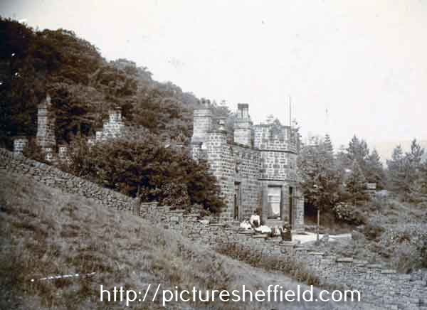 Distance shot of Lady Bower House showing its general position in the valley with a small group of individuals [Wightman family] sitting outside
