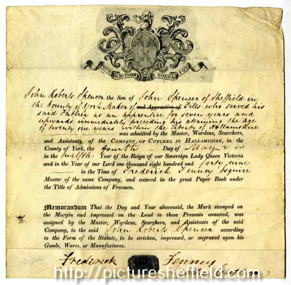 Certificate of admittance to the Company of Cutlers in Hallamshire of John Roberts Spencer, the son of John Spencer of Sheffield, maker of files ...
