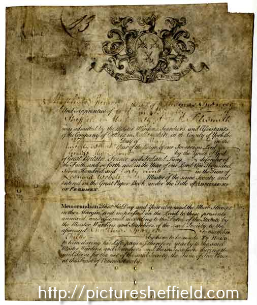Certificate of admittance to the Company of Cutlers in Hallamshire of Matthias Spencer, the son of Thomas Spencer and apprentice of William Bingley of Sheffield, silversmith